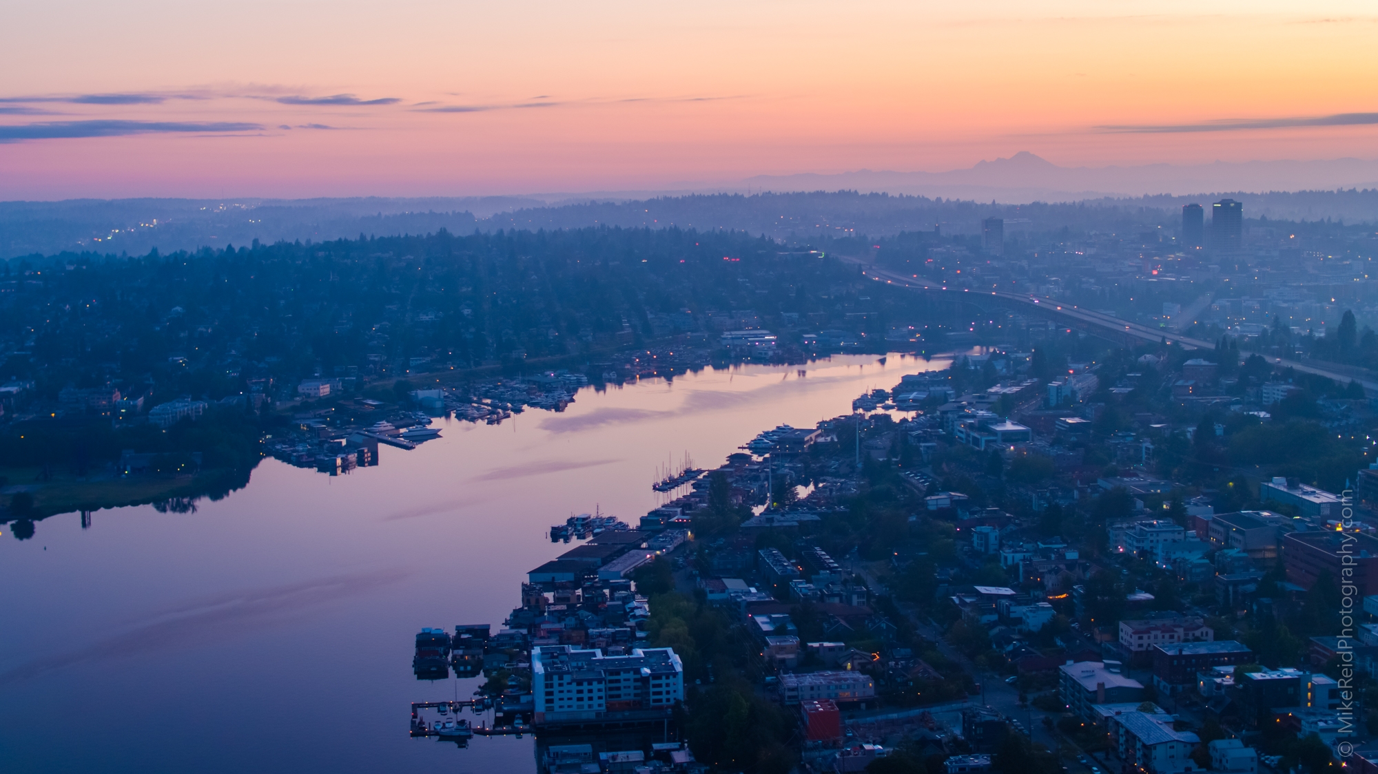 Seattle Aerial Photography Lake Union Sunrise to Mount Baker