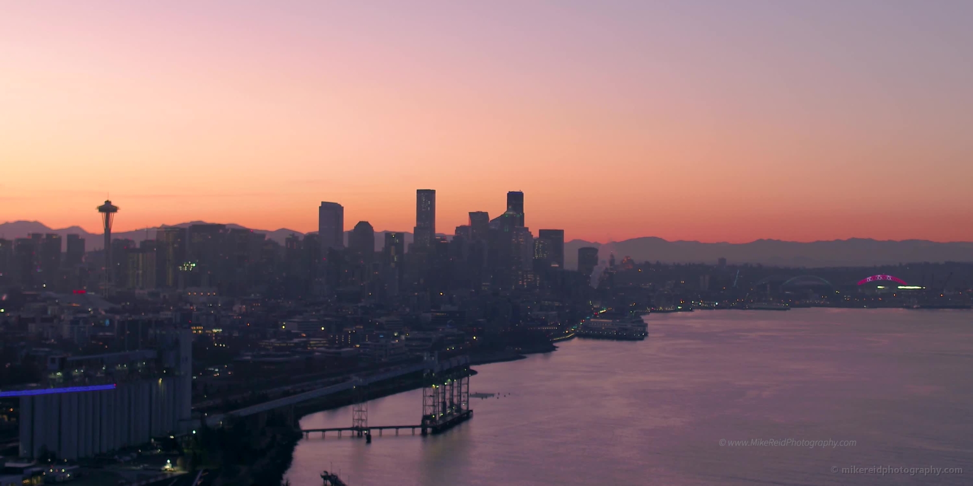 Seattle Dawn Along the Waterfront Aerial Video