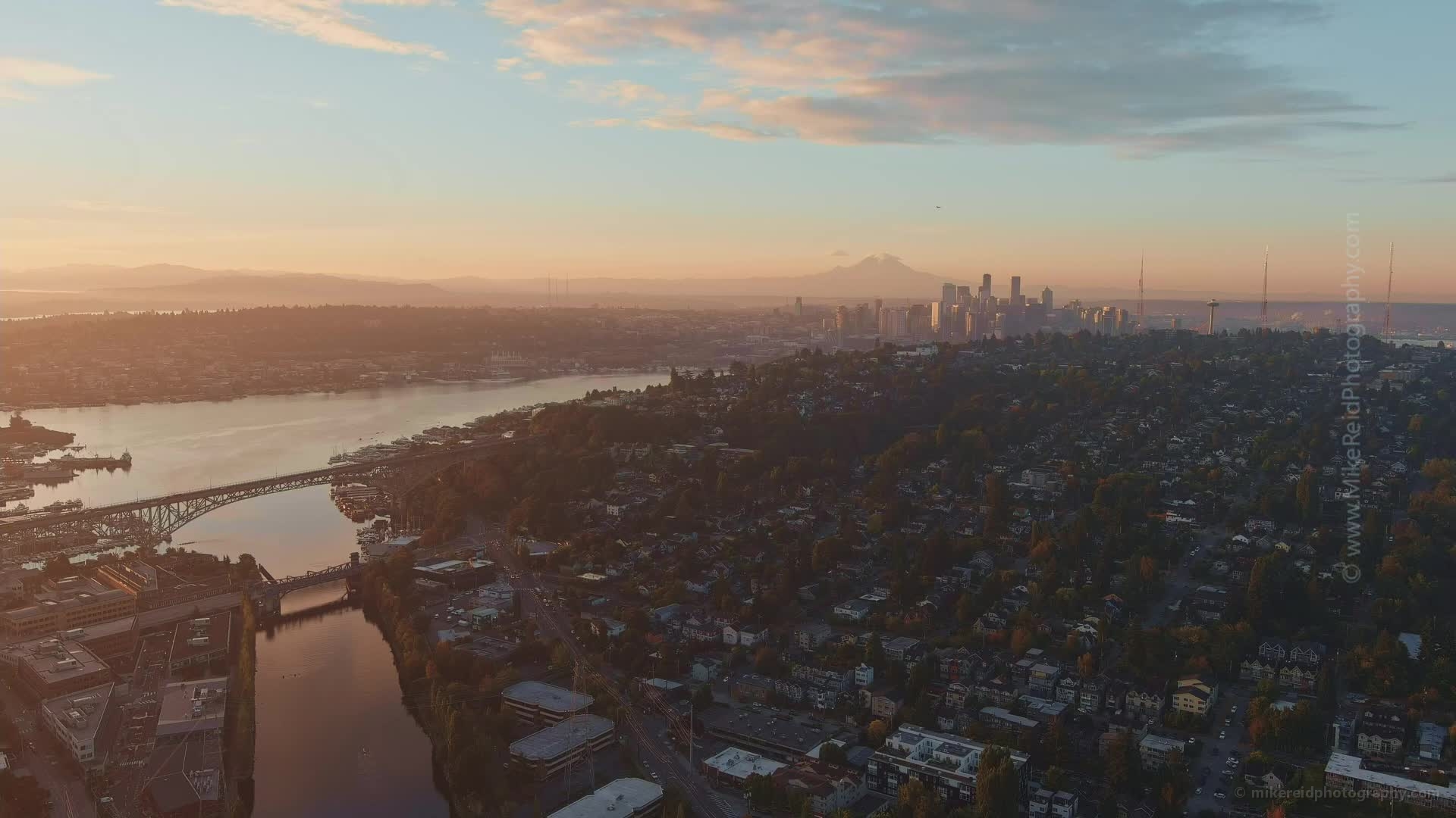 Seattle Golden Sunrise Light Aerial Video 0074