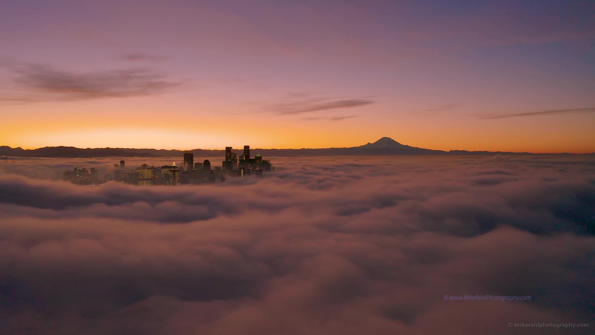 Seattle On The Clouds Sunrise Aerial Video