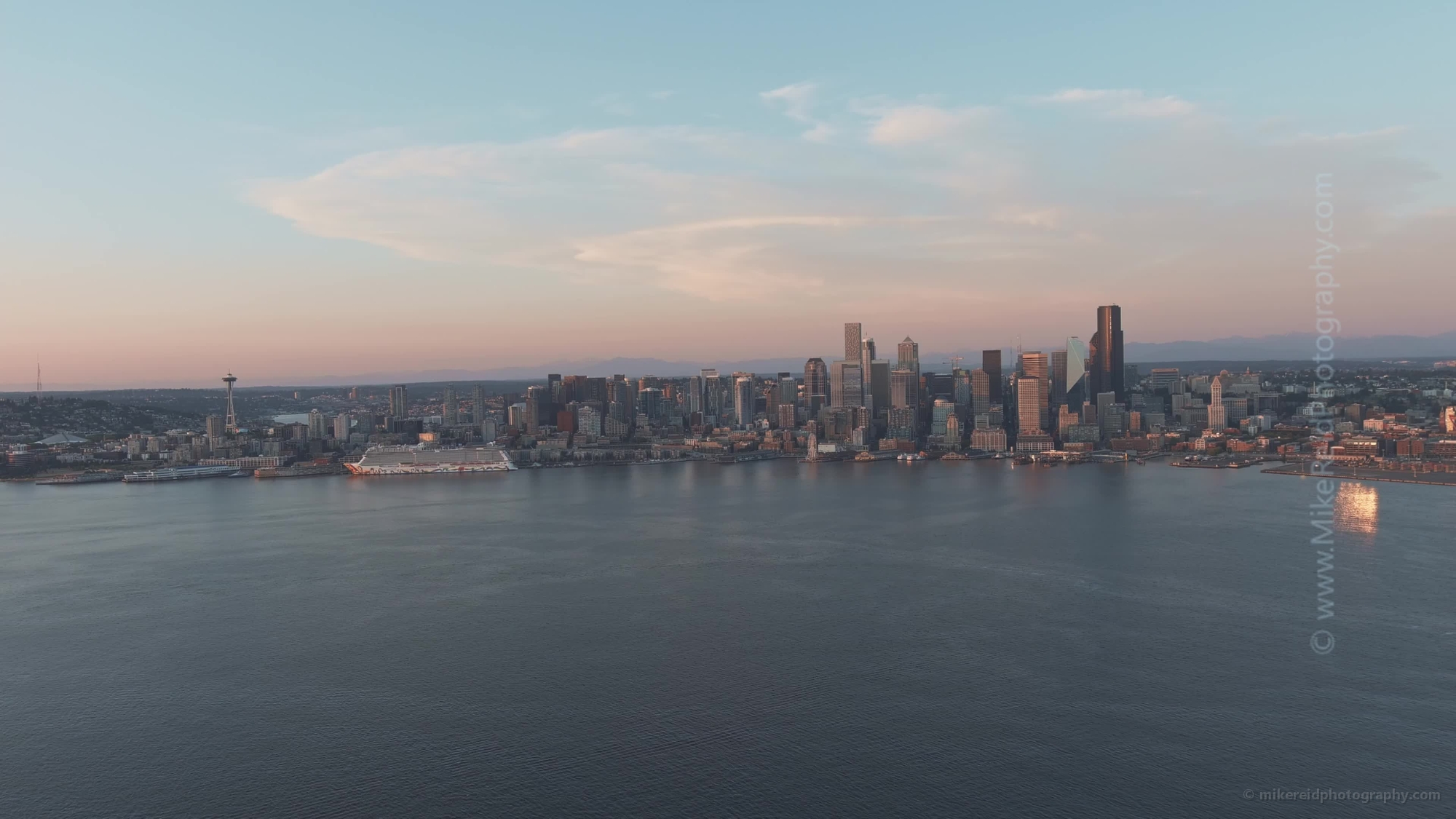 Seattle Waterfront Sunset Drone Video 0045