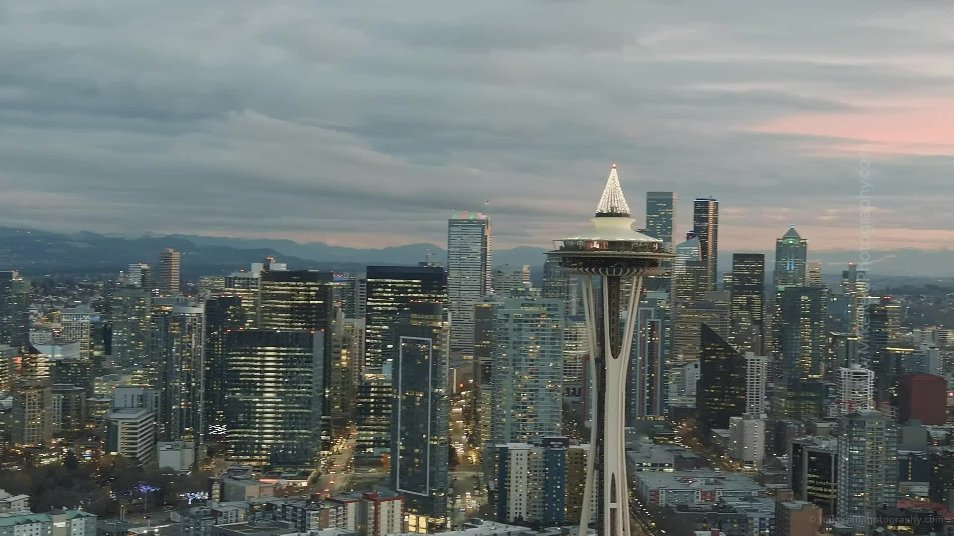 Space Needle Dusk  Aerial Drone Video 2