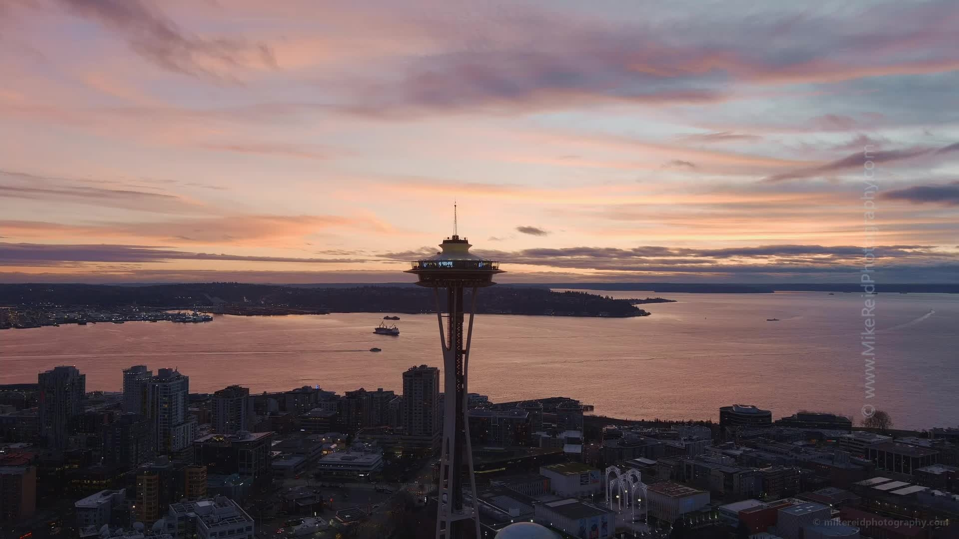 Space Needle Dusk  Aerial Drone Video