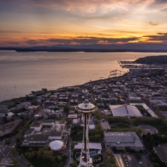 Aerial Dusk Space Needle Sunset To order a print please email me at  Mike Reid Photography : seattle, sky view observatory, svo, zeiss lenses, columbia center, urban, sunrise, fog, sunset, puget sound, elliott bay, space needle, northwest, washington, rainier, aerial, a7r, alr2, seattle aerial photography, northwest aerial photography, university of washington, alki, seattle photography