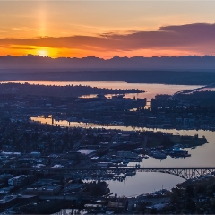 Aerial Lake Washington Ship Canal to the Eastside Sunrise Sun Pillar  #seattle #dronephotography #dronevideo #aerial #aerialphotography #aerialvideo #northwest #washingtonstate To order a print please email me at  Mike Reid Photography : seattle, sky view observatory, svo, zeiss lenses, columbia center, urban, sunrise, fog, sunset, puget sound, elliott bay, space needle, northwest, washington, rainier, aerial, a7r, alr2, seattle aerial photography, northwest aerial photography, university of washington, alki, seattle photography