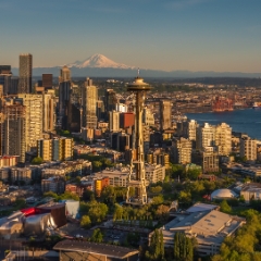 Over Downtown Seattle Aerial Drone Evening Light.jpg