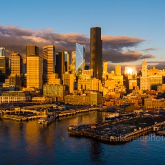 Over Seattle Downtown Golden Light.jpg To order a print please email me at  Mike Reid Photography : seattle, sky view observatory, svo, zeiss lenses, columbia center, urban, sunrise, fog, sunset, puget sound, elliott bay, space needle, northwest, washington, rainier, aerial, a7r, seattle aerial photography, northwest aerial photography, university of washington, alki, seattle photography