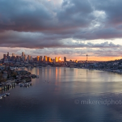 Over Seattle Downtown Lake Union Golden Light.jpg To order a print please email me at  Mike Reid Photography : seattle, sky view observatory, svo, zeiss lenses, columbia center, urban, sunrise, fog, sunset, puget sound, elliott bay, space needle, northwest, washington, rainier, aerial, a7r, alr2, seattle aerial photography, northwest aerial photography, university of washington, alki, seattle photography