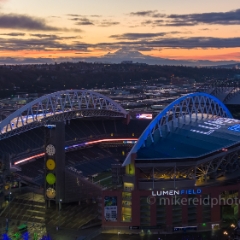 Over Seattle Downtown Lumen and TMobile Fields.jpg To order a print please email me at  Mike Reid Photography : seattle, sky view observatory, svo, zeiss lenses, columbia center, urban, sunrise, fog, sunset, puget sound, elliott bay, space needle, northwest, washington, rainier, aerial, a7r, seattle aerial photography, northwest aerial photography, university of washington, alki, seattle photography