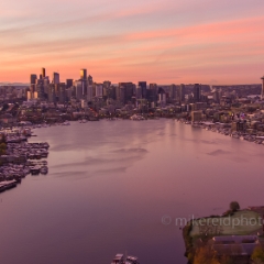 Over Seattle Lake Union to Downtown at Sunrise.jpg To order a print please email me at  Mike Reid Photography : seattle, sky view observatory, svo, zeiss lenses, columbia center, urban, sunrise, fog, sunset, puget sound, elliott bay, space needle, northwest, washington, rainier, aerial, a7r, seattle aerial photography, northwest aerial photography, university of washington, alki, seattle photography