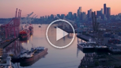 Over Seattle Port and Downtown Reflection Sunrise Aerial Photography.mp4