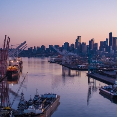 Over Seattle Port of Seattle and Downtown Sunrise Aerial Photography.jpg