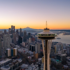 Over Seattle Space Needle Closeup and City at Sunrise.jpg