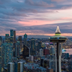 Over Seattle Space Needle Downtown Dusk.jpg To order a print please email me at  Mike Reid Photography : seattle, sky view observatory, svo, zeiss lenses, columbia center, urban, sunrise, fog, sunset, puget sound, elliott bay, space needle, northwest, washington, rainier, aerial, a7r, seattle aerial photography, northwest aerial photography, university of washington, alki, seattle photography