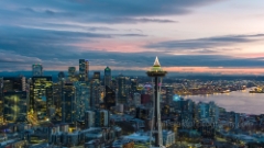 Over Seattle Space Needle and Downtown at Dusk.jpg To order a print please email me at  Mike Reid Photography : seattle, sky view observatory, svo, zeiss lenses, columbia center, urban, sunrise, fog, sunset, puget sound, elliott bay, space needle, northwest, washington, rainier, aerial, a7r, seattle aerial photography, northwest aerial photography, university of washington, alki, seattle photography