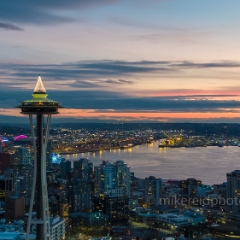 Over Seattle Space Needle and the Waterfront.jpg To order a print please email me at  Mike Reid Photography : seattle, sky view observatory, svo, zeiss lenses, columbia center, urban, sunrise, fog, sunset, puget sound, elliott bay, space needle, northwest, washington, rainier, aerial, a7r, seattle aerial photography, northwest aerial photography, university of washington, alki, seattle photography