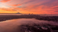 Over Seattle Sunrise Fog Drifting By.jpg To order a print please email me at  Mike Reid Photography : seattle, sky view observatory, svo, zeiss lenses, columbia center, urban, sunrise, fog, sunset, puget sound, elliott bay, space needle, northwest, washington, rainier, aerial, a7r, seattle aerial photography, northwest aerial photography, university of washington, alki, seattle photography