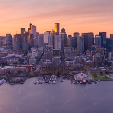 Over Seattle Sunrise Skyline Panorama.jpg To order a print please email me at  Mike Reid Photography : seattle, sky view observatory, svo, zeiss lenses, columbia center, urban, sunrise, fog, sunset, puget sound, elliott bay, space needle, northwest, washington, rainier, aerial, a7r, seattle aerial photography, northwest aerial photography, university of washington, alki, seattle photography
