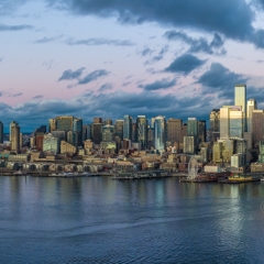 Over Seattle at Dusk Ferry Arriving Panorama.jpg To order a print please email me at  Mike Reid Photography : seattle, sky view observatory, svo, zeiss lenses, columbia center, urban, sunrise, fog, sunset, puget sound, elliott bay, space needle, northwest, washington, rainier, aerial, a7r, seattle aerial photography, northwest aerial photography, university of washington, alki, seattle photography