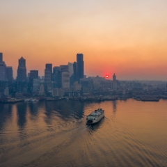 Seattle Aerial Photography Ferry Smoky City Sunrise  #seattle #dronephotography #dronevideo #aerial #aerialphotography #aerialvideo #northwest #washingtonstate To order a print please email me at  Mike Reid Photography : dji mavic pro 2, wildfire smoke