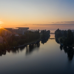 Seattle Aerial Photography Montlake Bridge UW Sunrise  #seattle #dronephotography #dronevideo #aerial #aerialphotography #aerialvideo #northwest #washingtonstate To order a print please email me at  Mike Reid Photography : seattle, sky view observatory, svo, zeiss lenses, columbia center, urban, sunrise, fog, sunset, puget sound, elliott bay, space needle, northwest, washington, rainier, aerial, a7r, seattle aerial photography, northwest aerial photography, university of washington, alki, seattle photography
