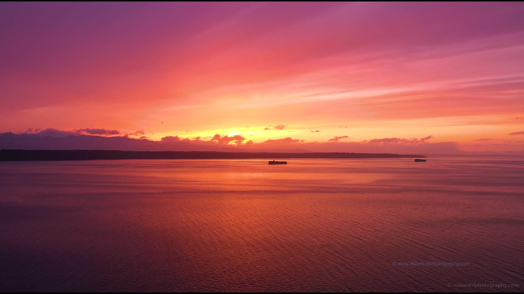 Over Puget Sound Container Ships Sunset on the Salish Sea Drone Video