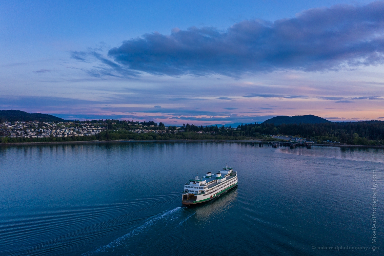 Over San Juan Islands Anacortes Ferry Arriving at Sunset Aerial Photography