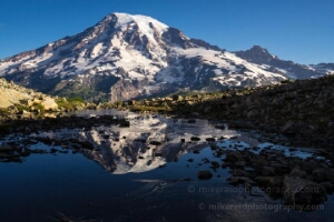 Mount Rainier Reflection at Pinnacle Glacier Tarn A perfect mirror reflection of Mount Rainier glows in the still waters of a tarn near Pinnacle Glacier on a clear summer morning. The rugged alpine terrain and...