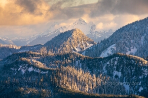 Over the North Cascades Mount Chaval Snowscape Golden light breaks through the clouds to illuminate a snow-covered forest and rolling ridgelines that rise gracefully toward Mount Chaval in the distance. This...