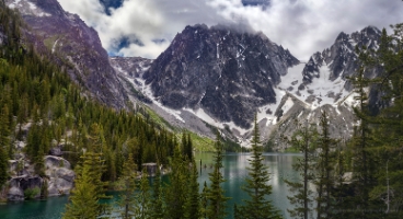 Lake Colchuck Panorama View Beautiful wide view of Lake Colchuck, gateway to the Enchantments Lakes Basin in Washington.