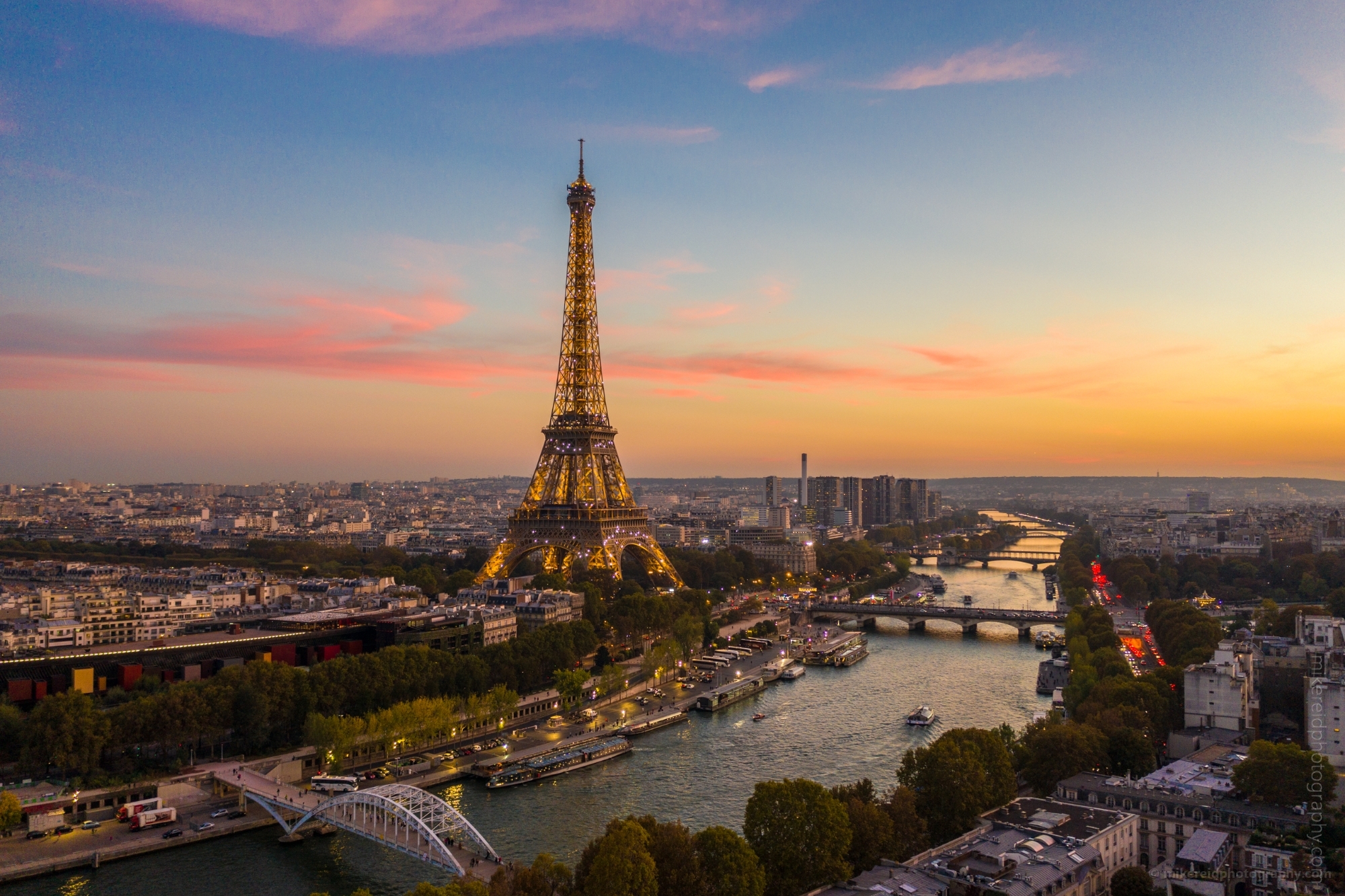 Over Paris Eiffel Tower Sunset Twinkle DJI Mavic Pro 2