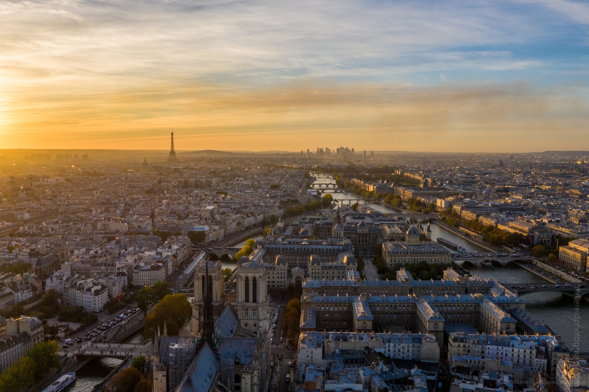 Over Paris Notre Dame and the Eiffel Tower at Sunset DJI Mavic Pro 2