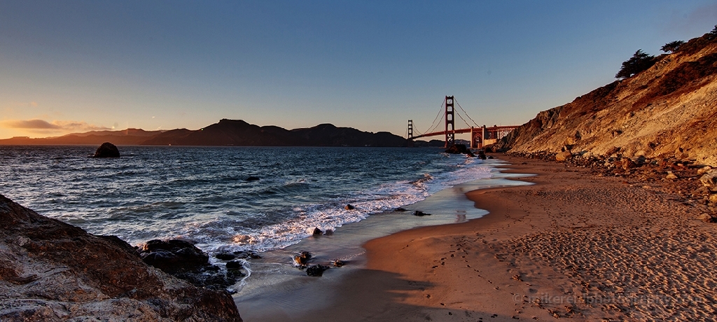 Wide BEach Sunset with Golden Gate Bridge