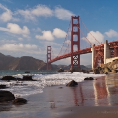 Baker BEach and Golden Gate Bridge Reflection  Baker BEach is a great view of the Golden Gate Bridge and San Francisco Bay To order a print please email me at  Mike Reid Photography : san francisco, city by the bay, baker beach, golden gate bridge, golden gate park, coit, transamerica, cable car, panorama, california, cityscape