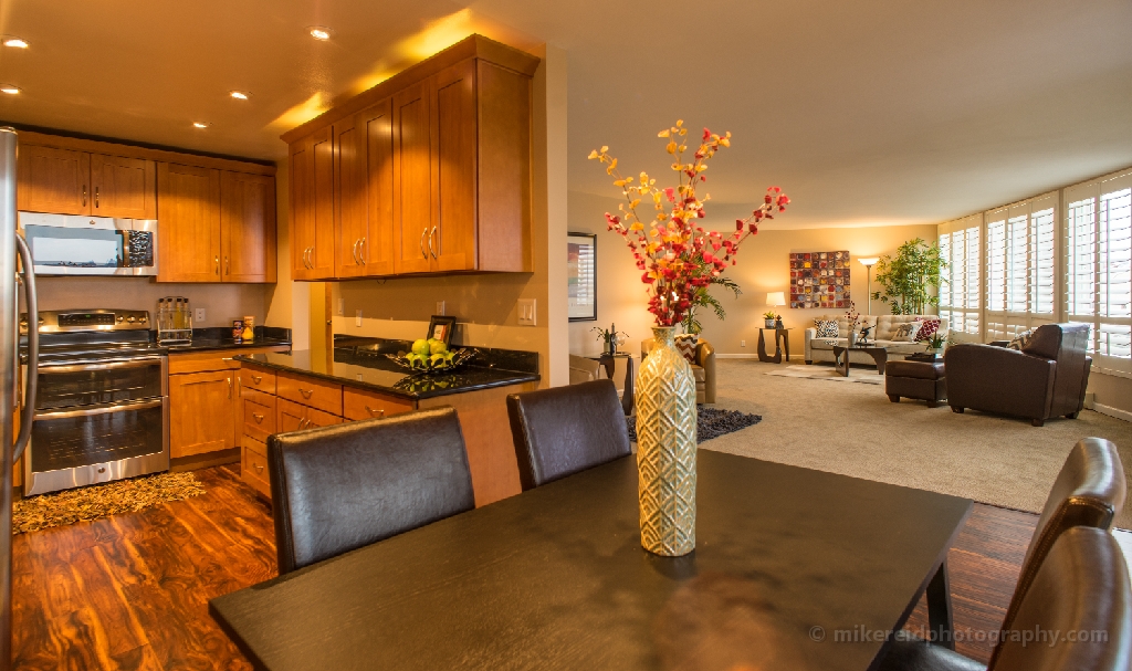 Queen Anne Condo Living Room and Kitchen Single shot of the kitchen and living room with Sony a7r and Zeiss 18mm lens.
