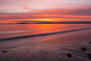 Puget Sound Beach Reflection Sunset Fire Brilliant orange and pink sunset over the Puget Sound, viewed from a quiet beach in Magnolia, Seattle, with gentle waves and glowing reflections on the sand.
