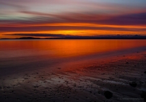 Seattle Beach Sunset Fire Sunset Fiery sunset over Puget Sound from a Magnolia Beach in Seattle, with glowing orange and purple skies reflected across calm tidal sands and still evening waters.