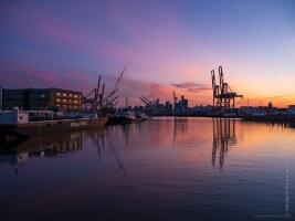 Seattle Port Sunrise Mood Port of Seattle at sunset with cranes, ships, and harbor reflections beneath colorful pink and purple skies, with the downtown skyline silhouetted in the...