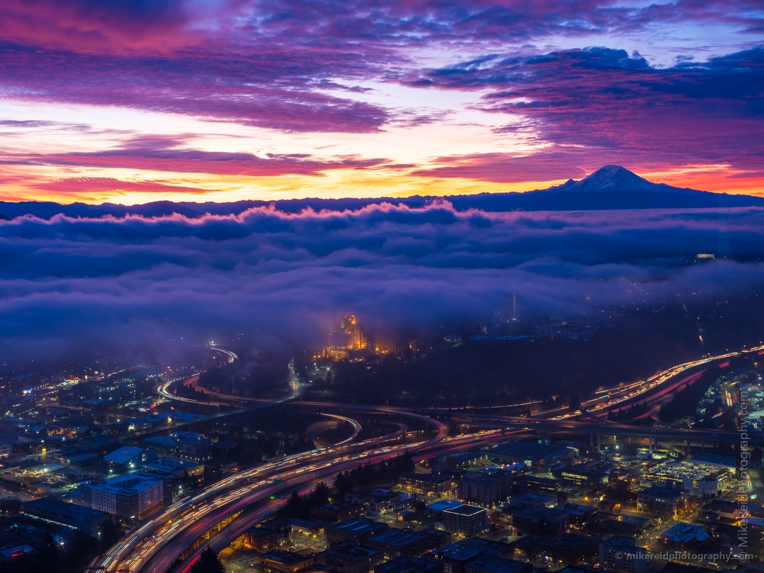 Seattle Photography Mount Rainier Sunrise Skies and Flowing Traffic