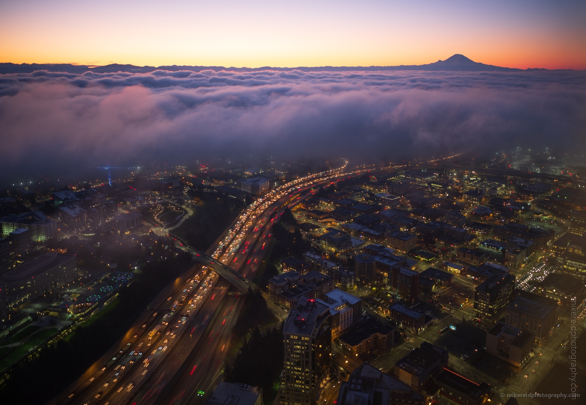 Seattle Photography Mount Rainier Sunrise and Flowing Traffic Below the Fog