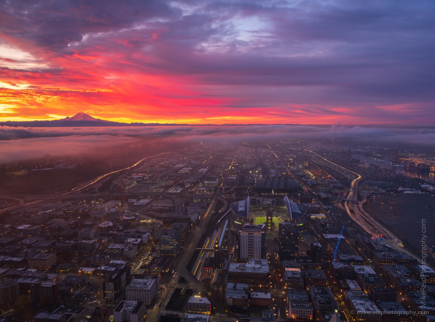Seattle Photography Mount Rainier Sunrise and SODO Flowing Traffic