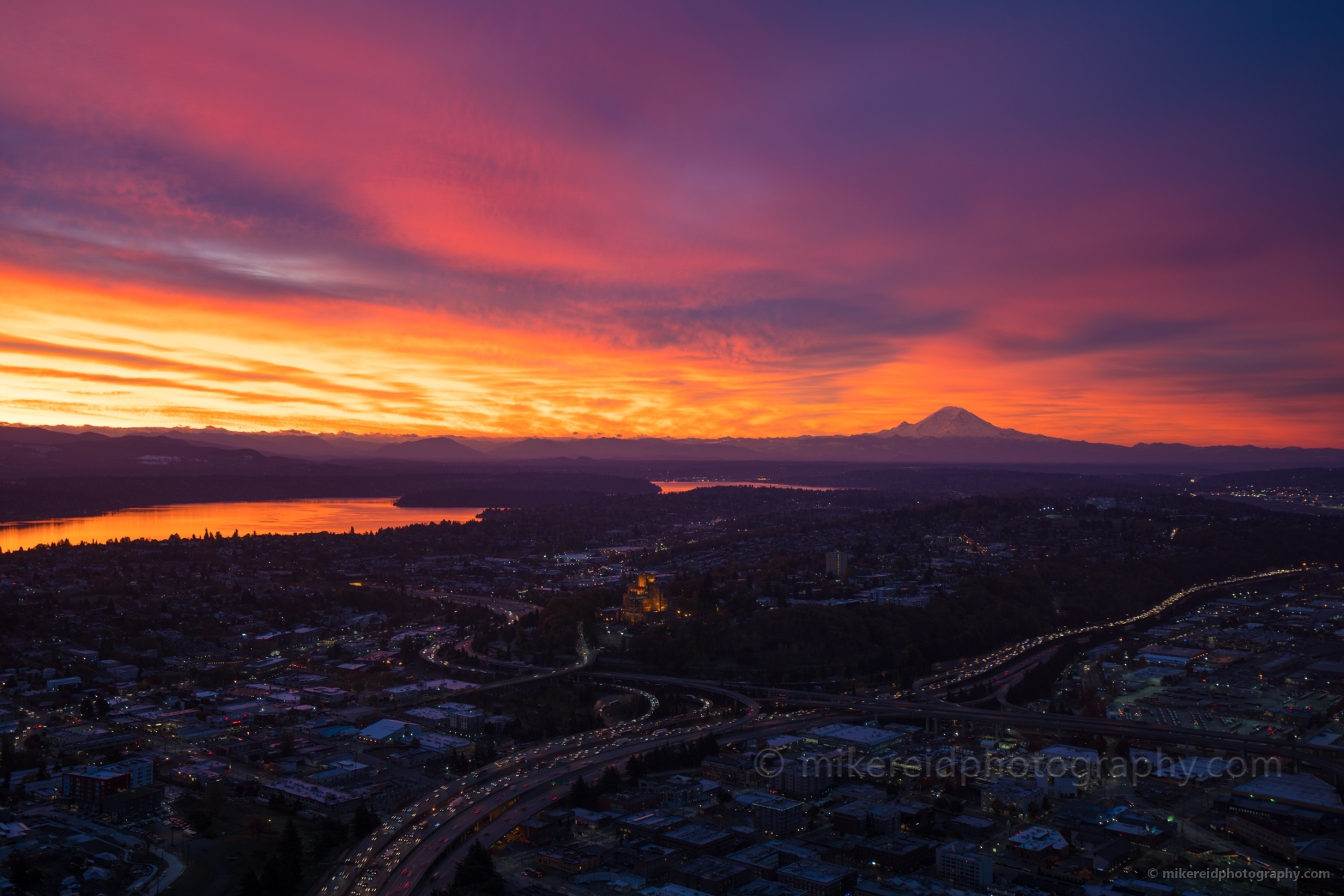 Seattle Photography Rainier Fiery Sunrise Cityscape and Freeways