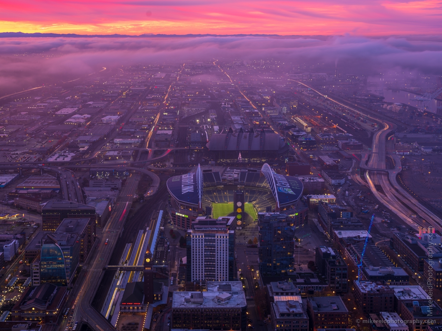 Seattle Photography SODO Stadium Sunrise and Flowing Traffic