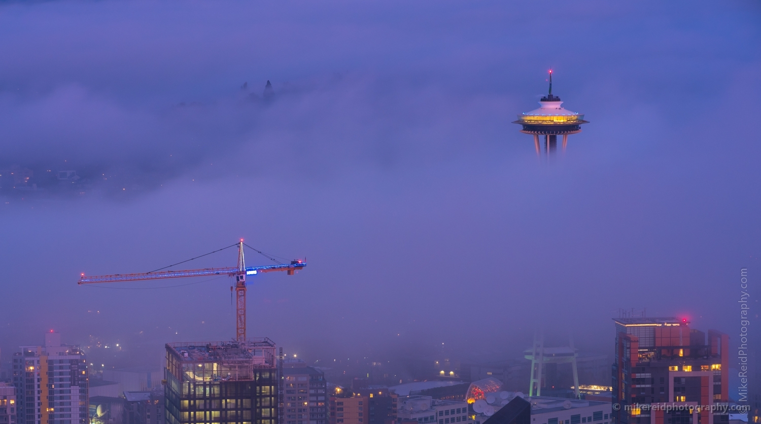 Seattle Photography Space Needle on the Clouds at Dawn