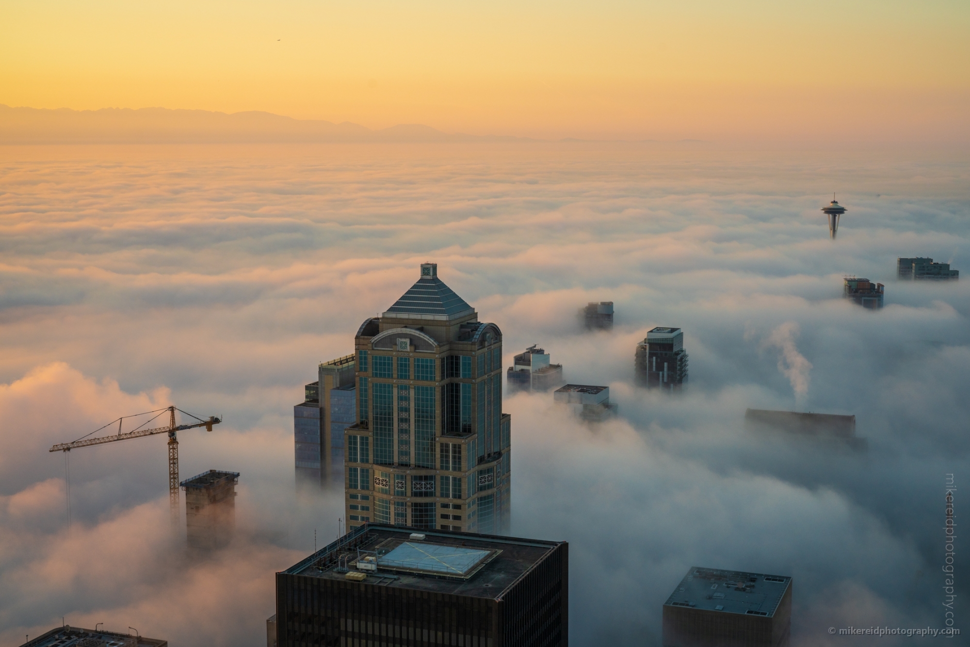 Seattle Photography Space Needleand Downtown in the Clouds at Sunset