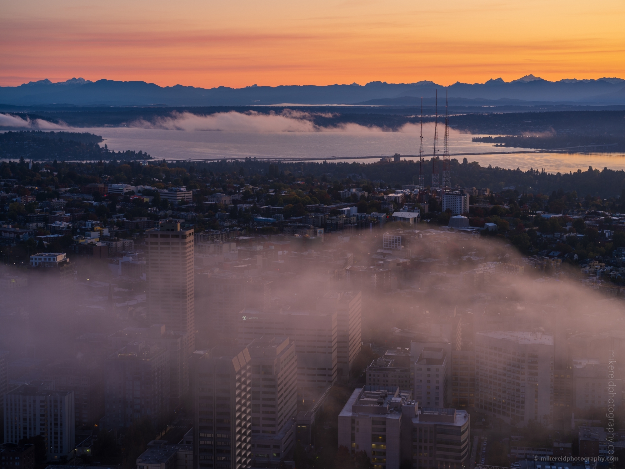 Seattle Photography Sunrise Fog Layers over Capitol Hill to Lake Washington