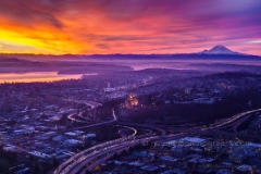 Brilliant Rainier Sunrise  The flow of the traffic on I-5 and the burning colors of the sunset. To order a print please email me at  Mike Reid Photography : seattle, sky view observatory, svo, zeiss lenses, columbia center, urban, sunrise, fog, sunset, puget sound, elliott bay, space needle, northwest, washington, rainier