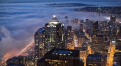 Seattle Fog Moves In To order a print please email me at  Mike Reid Photography : seattle, sky view observatory, svo, zeiss lenses, columbia center, urban, sunrise, fog, sunset, puget sound, elliott bay, space needle, northwest, washington, rainier, baker, ferry