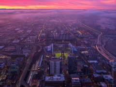 Seattle Photography SODO Stadium Sunrise and Flowing Traffic To order a print please email me at  Mike Reid Photography : seattle, sky view observatory, svo, zeiss lenses, columbia center, urban, sunrise, fog, sunset, puget sound, elliott bay, space needle, northwest, washington, rainier