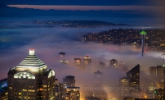 Space Needle Seattle Fogscape To order a print please email me at  Mike Reid Photography : seattle, sky view observatory, svo, zeiss lenses, columbia center, urban, sunrise, fog, sunset, puget sound, elliott bay, space needle, northwest, washington, rainier, baker, ferry, seattle storm